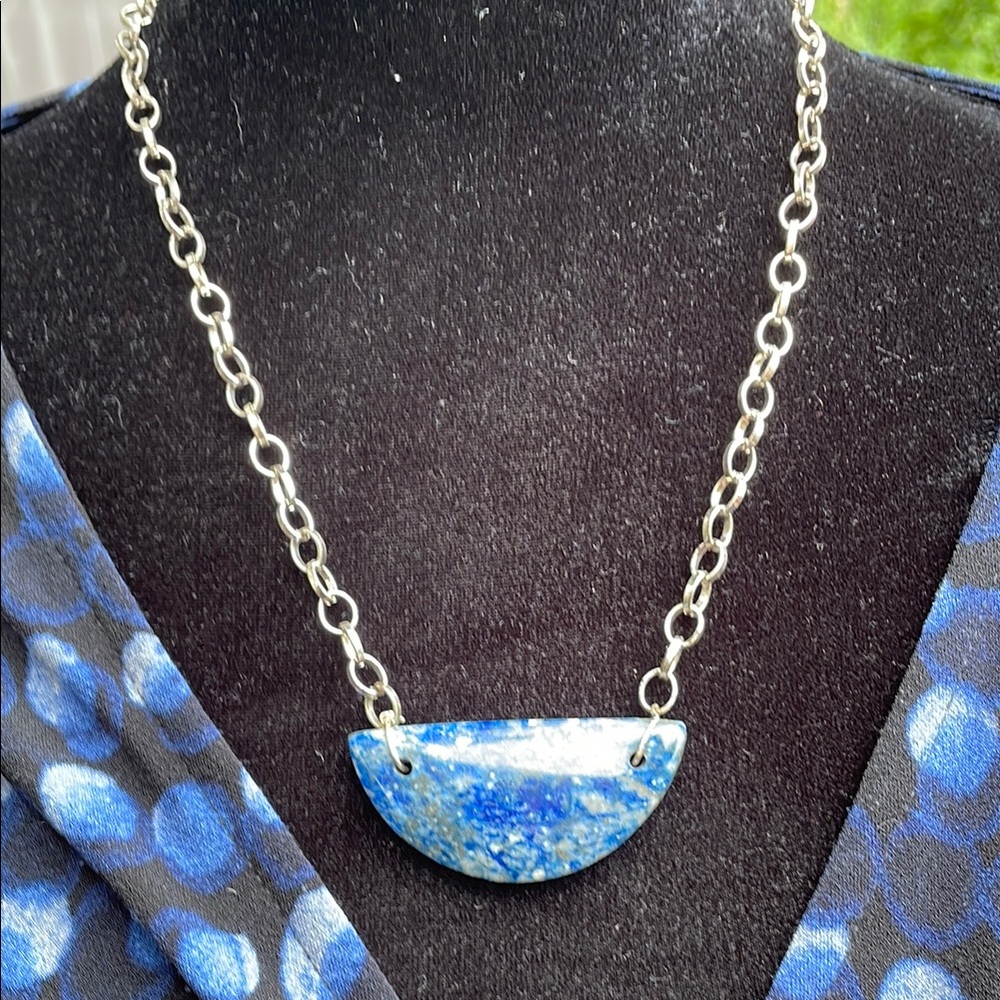 Blue and Silver Crescent Necklace with Lapis Lazuli Pendant